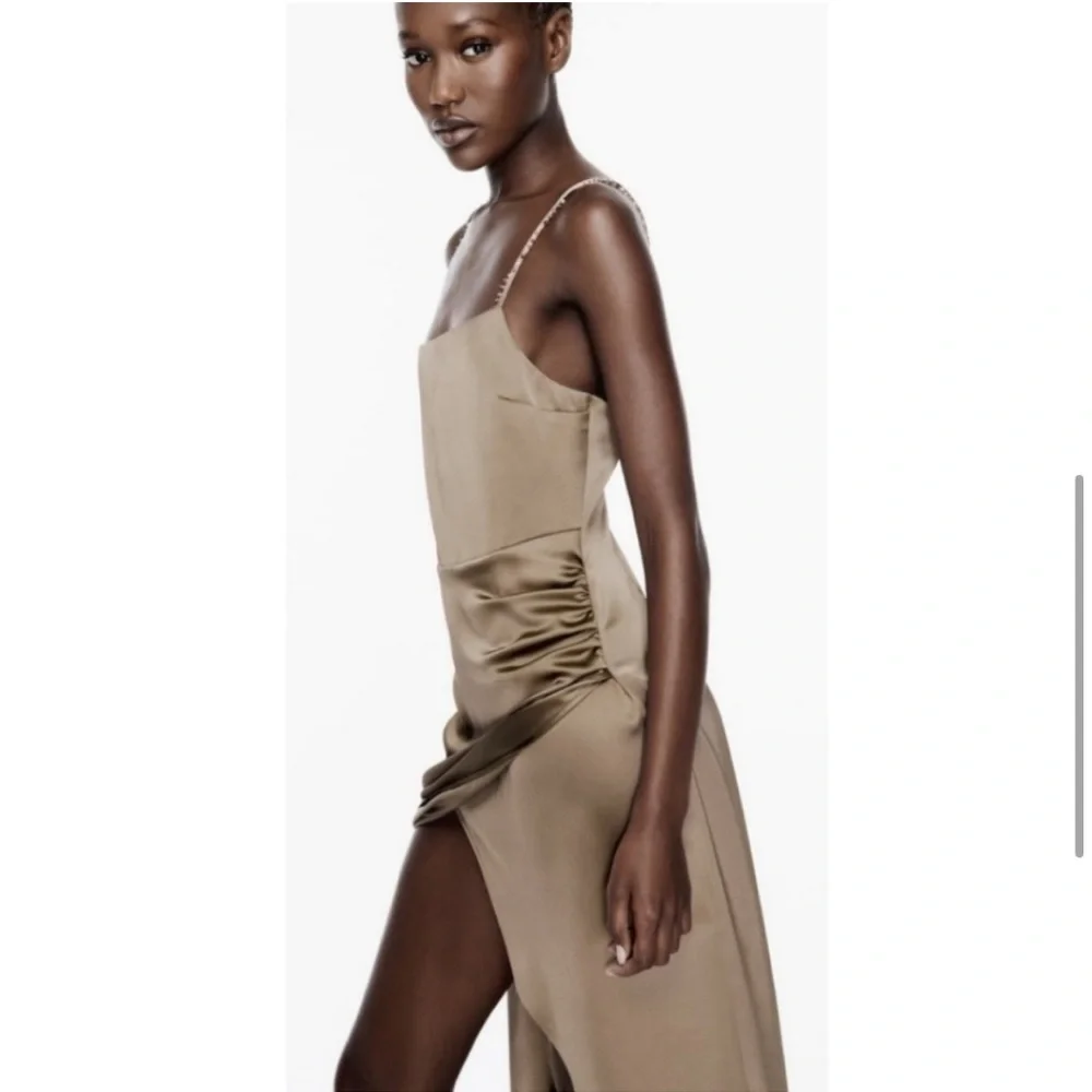 🆕(NWT) ZARA Bloggers Fav Beaded Strap Satin Midi Dress. Size LARGE - Picture 8 of 14